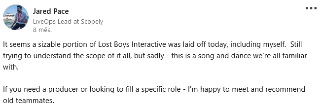 Now-former studio producer Jared Pace announces his layoff from Lost Boys Interactive.