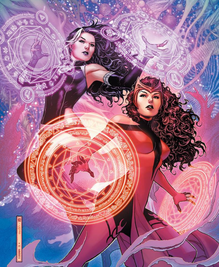 Agatha Harkness and the Scarlet Witch wield their respective magiks on Jim Cheung's variant cover to Scarlet Witch Annual Vol. 1 #1 "The Teacher Versus The Student" (2023), Marvel Comics