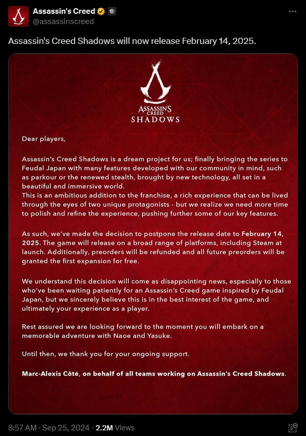 Ubisoft officially announces a delay for 'Assassin's Creed Shadows'.