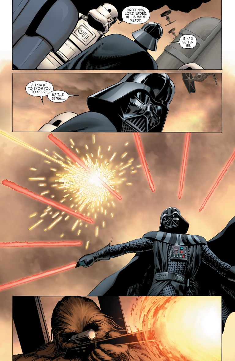 Darth Vader deflects a sniper's laser bolt in Star Wars Vol. 2 #1 "Book I: Skywalker Strikes, Part I" (2015), Marvel Comics. Words by Jason Aaron, art by John Cassaday, Laura Martin, and Chris Eliopoulos. 