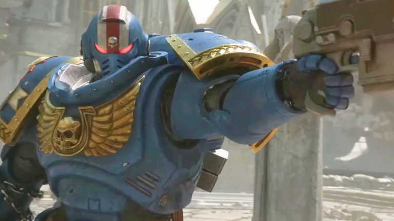 Titus (Clive Standen) draws his side arm in Warhammer 40,000: Space Marine 2 (2024), Saber Interactive