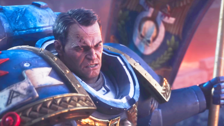 Titus (Clive Standen) stands defiant in the face of an oncoming swarm of Tyranids in Warhammer 40,000: Space Marine 2 (2024), Saber Interactive