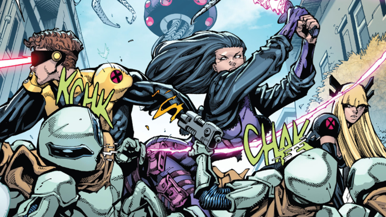 Cyclops., Psylocke, and Magik fight back against an unknown enemy in X-Men Vol. 7 #2 “Invasion” (2024), Marvel Comics. Words by Jed MacKay, art by Ryan Stegman, JP Mayer, Marte Gracia, and Clayton Cowles.