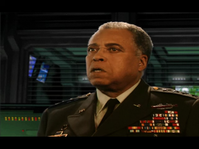 General James Solomon (James Earl Jones) is shocked to learn of Kane's (Joe Kucan) return in Command & Conqueor: Tiberian Sun (1999), Westwood Studios