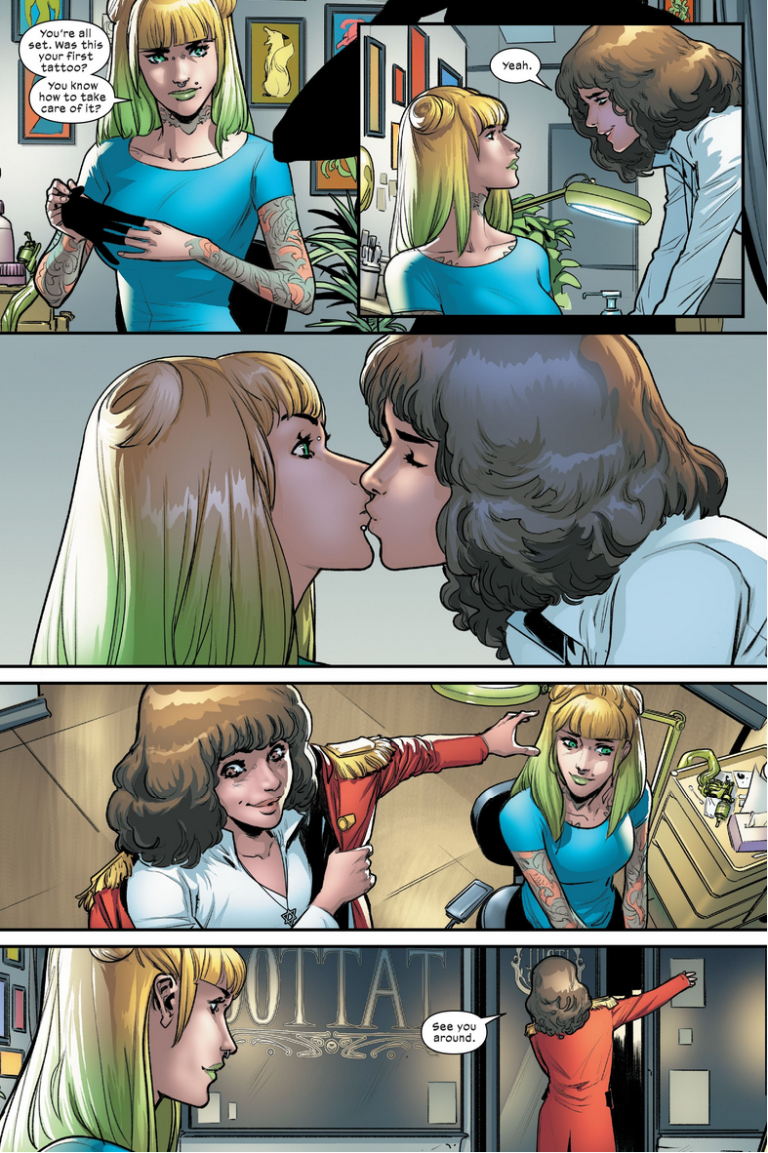 Kitty Pryde shares a kiss with her tattoo artist in Marauders Vol. 1 #12 "The New Phase" (2020), Marvel Comics. Words by Gerry Duggan, art by Matteo Lolli, Edgar Delgado, and Cory Petit.