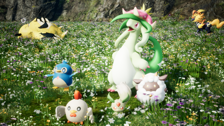 A variety of pals frolic among the flowers in Palworld (2024), Pocketpair