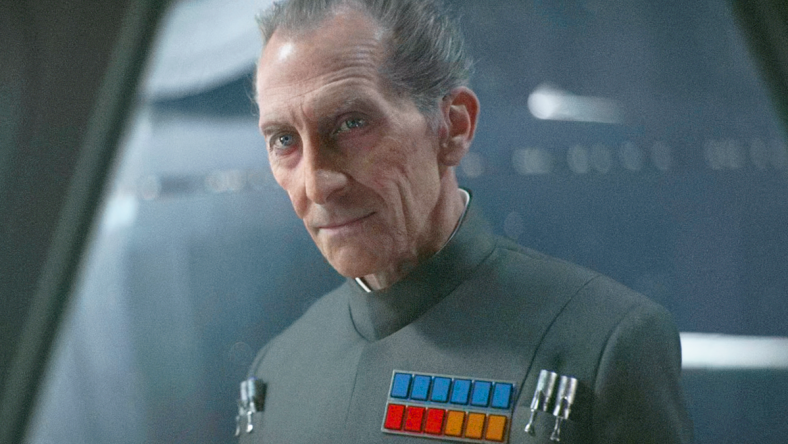 Grand Moff Tarkin (Peter Cushing) is unhappy with Director Krennic (Ben Mendelsohn) in Rogue One: A Star Wars Story (2016), Disney