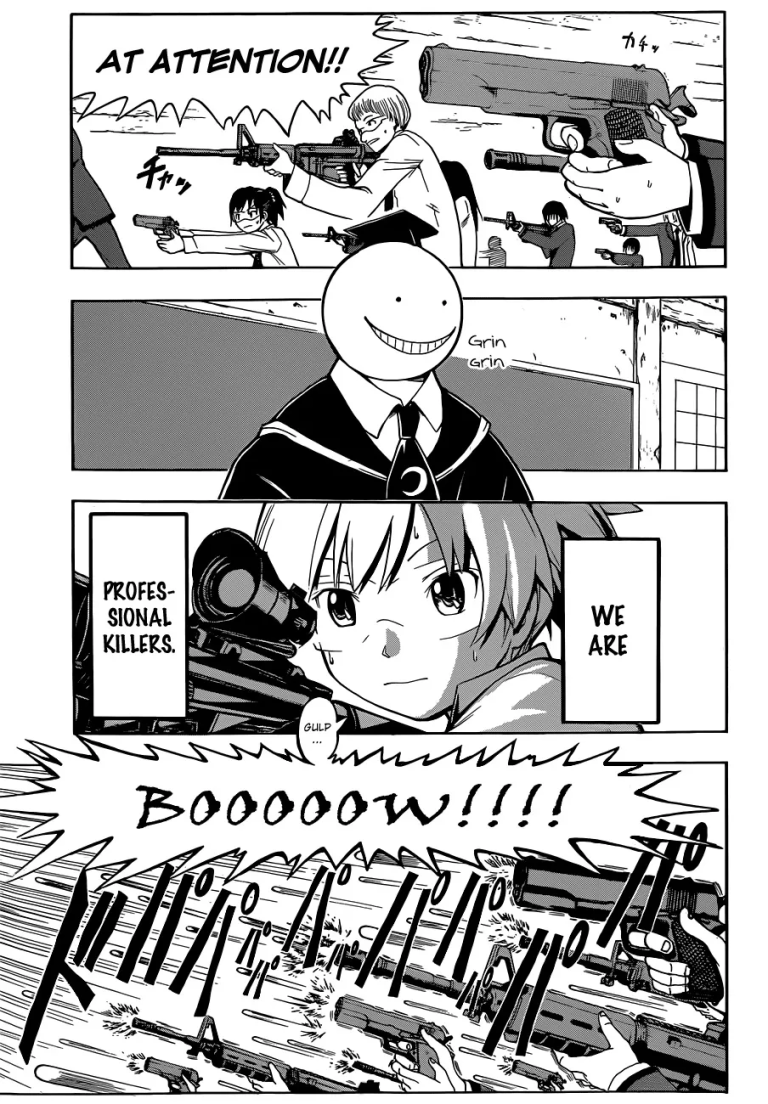 Irina attempts to distract Koro-sensei from noticing her students' latest plan in Assassination Classroom Chapter 1 "Assassination Time" (2013), Shueisha. Words and art by Yussei Matsui.