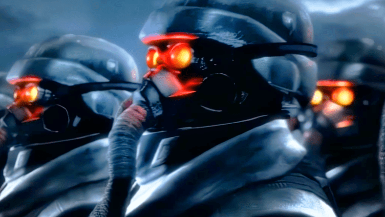 The Helghast's most loyal listen on as Scolar Visari (Brian Cox) declare war in Killzone (2004), Guerilla Games