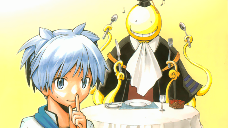 Nagisa has a surprise for Koro-sensei on Yussei Matsui's cover page to Assassination Classroom Chapter 38 "Time for Training" (2013), Shueisha