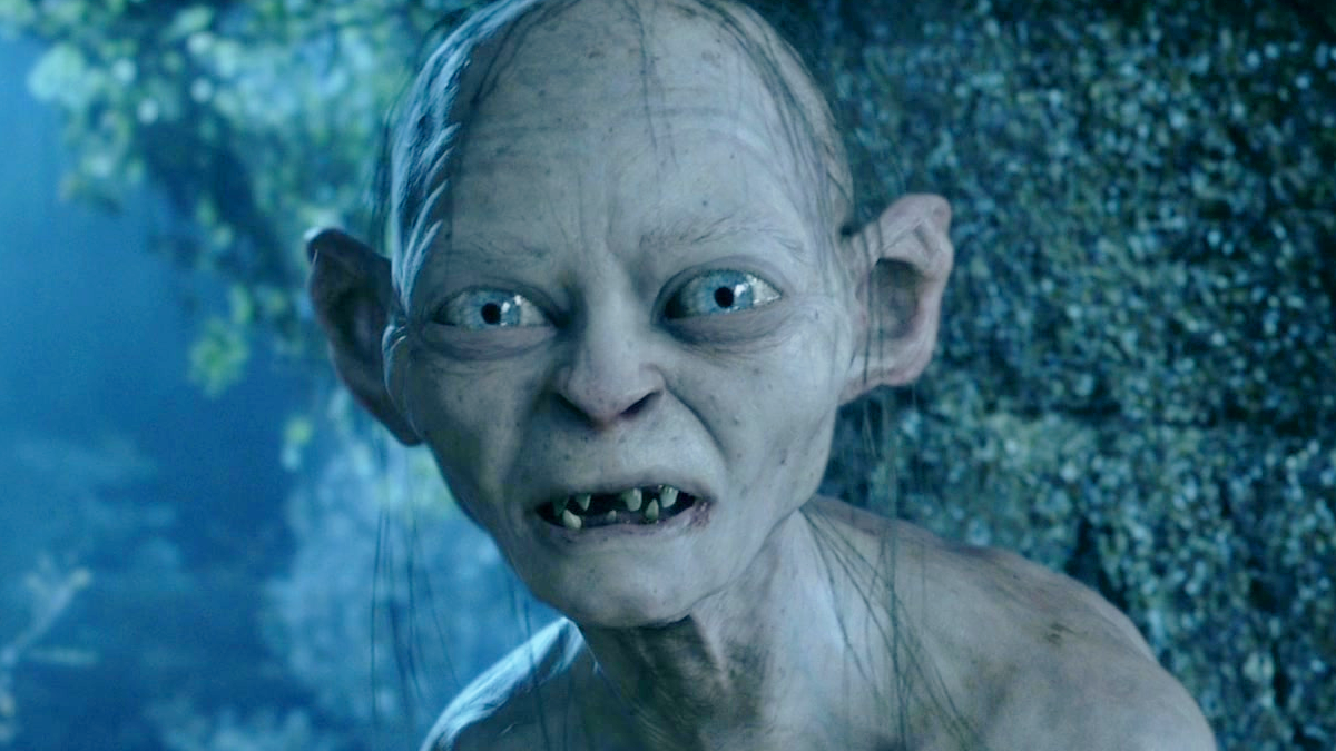 Gollum (Andy Serkis) cries and monologues to himself in The Lord of the Rings: The Two Towers (2002), New Line Cinema