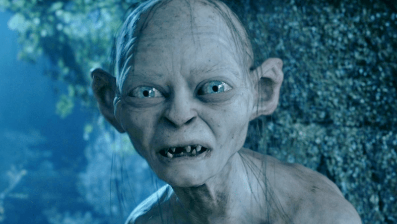 Gollum (Andy Serkis) cries and monologues to himself in The Lord of the Rings: The Two Towers (2002), New Line Cinema