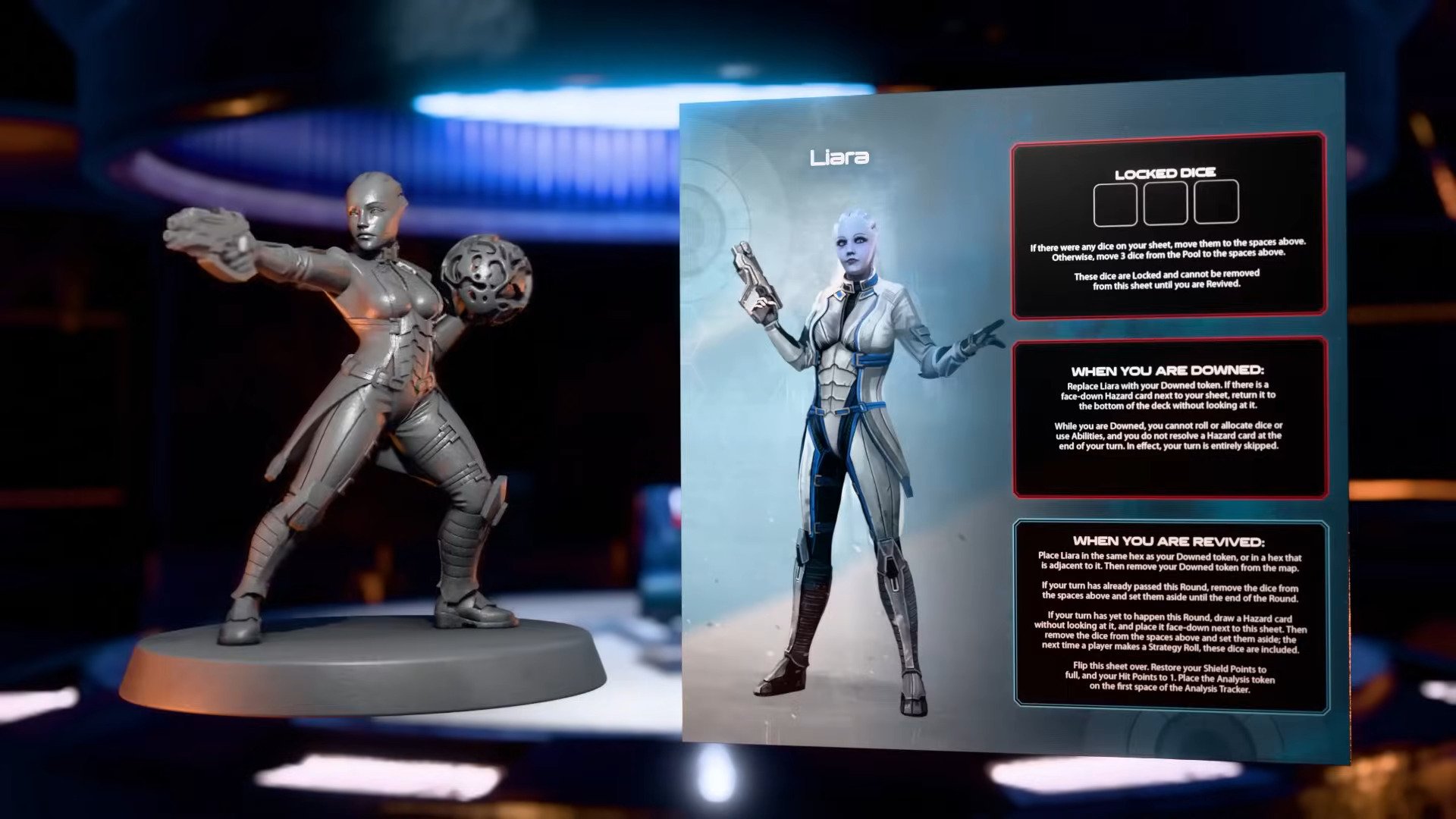 Liara's character sheet, as it appears in the trailer for Mass Effect: The Board Game - Priority Hagalaz (2024), Modiphius