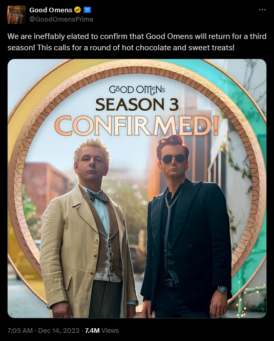 'Good Omens' confirms it's been renewed for a third season.