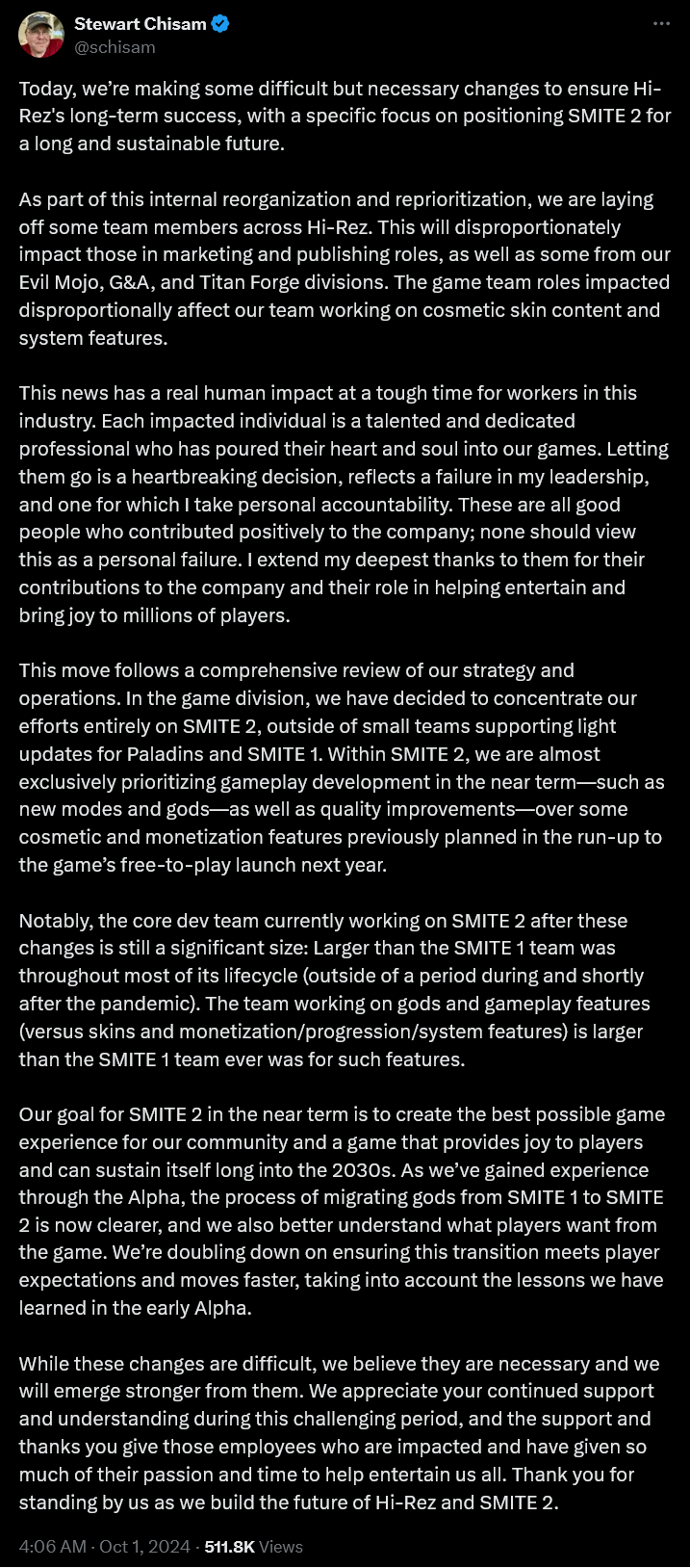 Hi-Rez Studios CEO Stewart Chism announces layoffs in service of 'SMITE 2'.