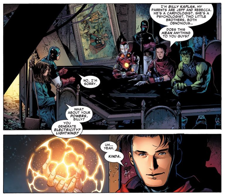 Wiccan introduces himself to the Avengers proper in Young Avengers Vol. 1 #11 "Family Matters: Part Three" (2006), Marvel Comics. Words by Allan Heinberg, art by Jim Cheung, John Livesay, Jay Leisten, Dave Meikis, Matt Ryan, Jaime Mendoza, and Justin Ponsor.