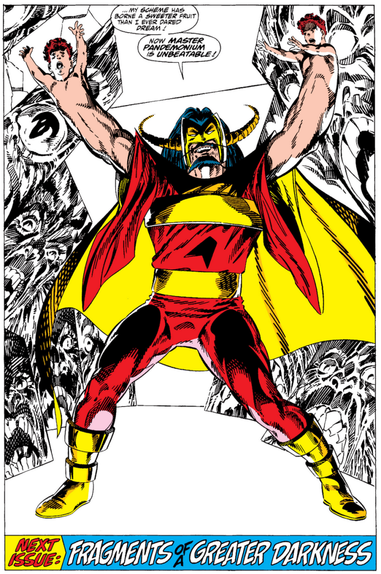 Master Pandemonium prepares to strike in Avengers West Coast Vol. 1 #51 "I Sing of Arms and Heroes" (1989), Marvel Comics. Words by John Byrne, art by John Byrne, Mike Machlan, Bob Sharen, and Bill Oakley.