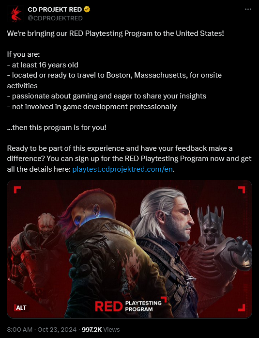 CD Projekt Red announces the expansion of their RED Playtesting Program to US players.