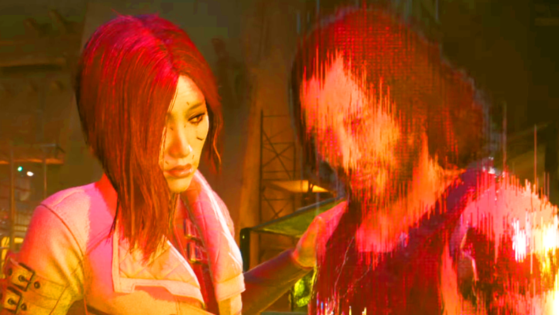 Songbird (Minji Chang) tries to help Johnny (Keanu Reeves) figure out why his glitching has gotten out of hand in Cyberpunk 2077: Phantom Liberty (2023), CD Projekt Red