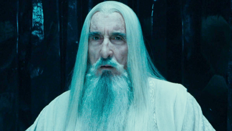 Saruman (Christopher Lee) reveals his betrayal to Gandalf (Ian McKellen) in The Lord of the Rings: The Fellowship of the Ring Extended Edition (2002), New Line Cinema