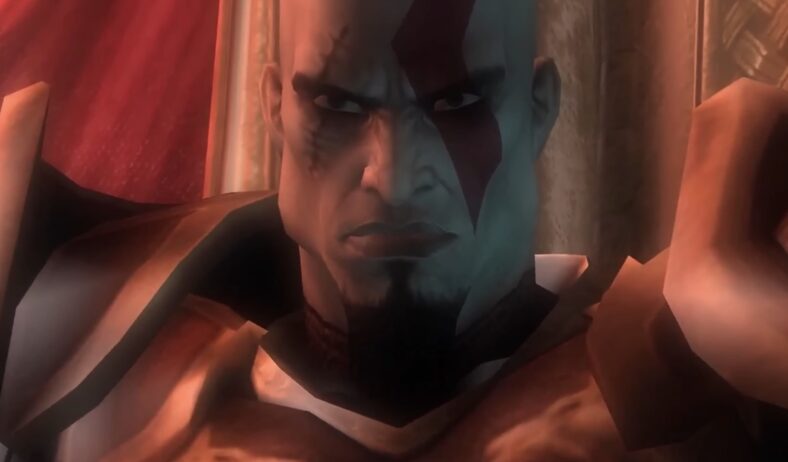 A dissatisfied Kratos (TC Carson) sits upon his new throne in God of War II (2007), Sony Santa Monica Studios