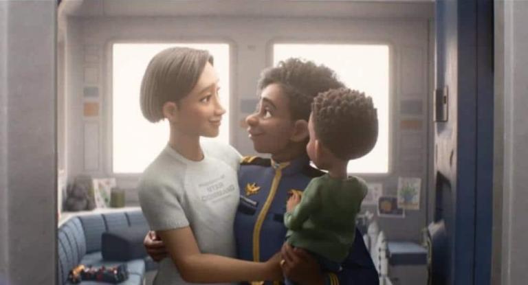 Kiko Hawthorne, Alisha Hawthorne, and baby Izzy share an intimate moment in Lightyear (2022), Pixar