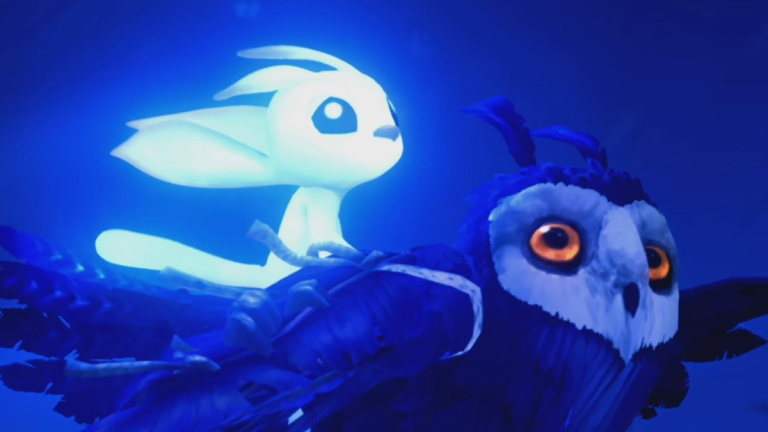 Ori (Andrew Lackey) and Ku (Jennifer Losi) cruise through the night skies in Ori and the Will of the Wisps (2020), Moon Studios