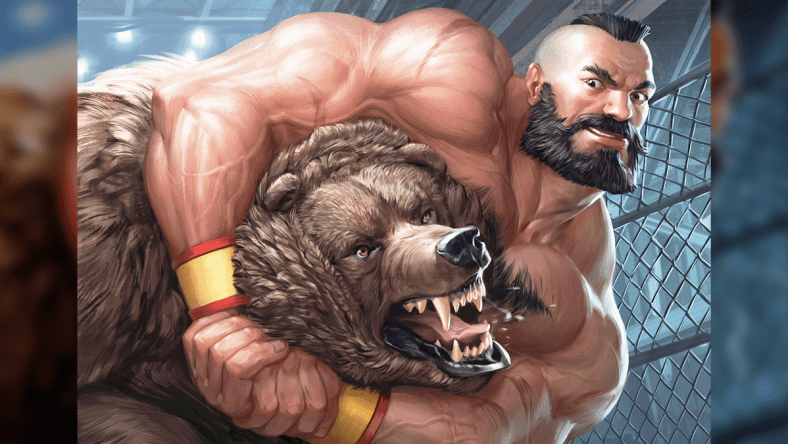 Zangief takes on a bear via Card #435, Magic: The Gathering - Secret Lair - Street Fighter (2022), Wizards of the Coast. Art by Maria Zolotukhina.