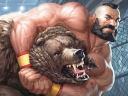 Zangief takes on a bear via Card #435, Magic: The Gathering - Secret Lair - Street Fighter (2022), Wizards of the Coast. Art by Maria Zolotukhina.