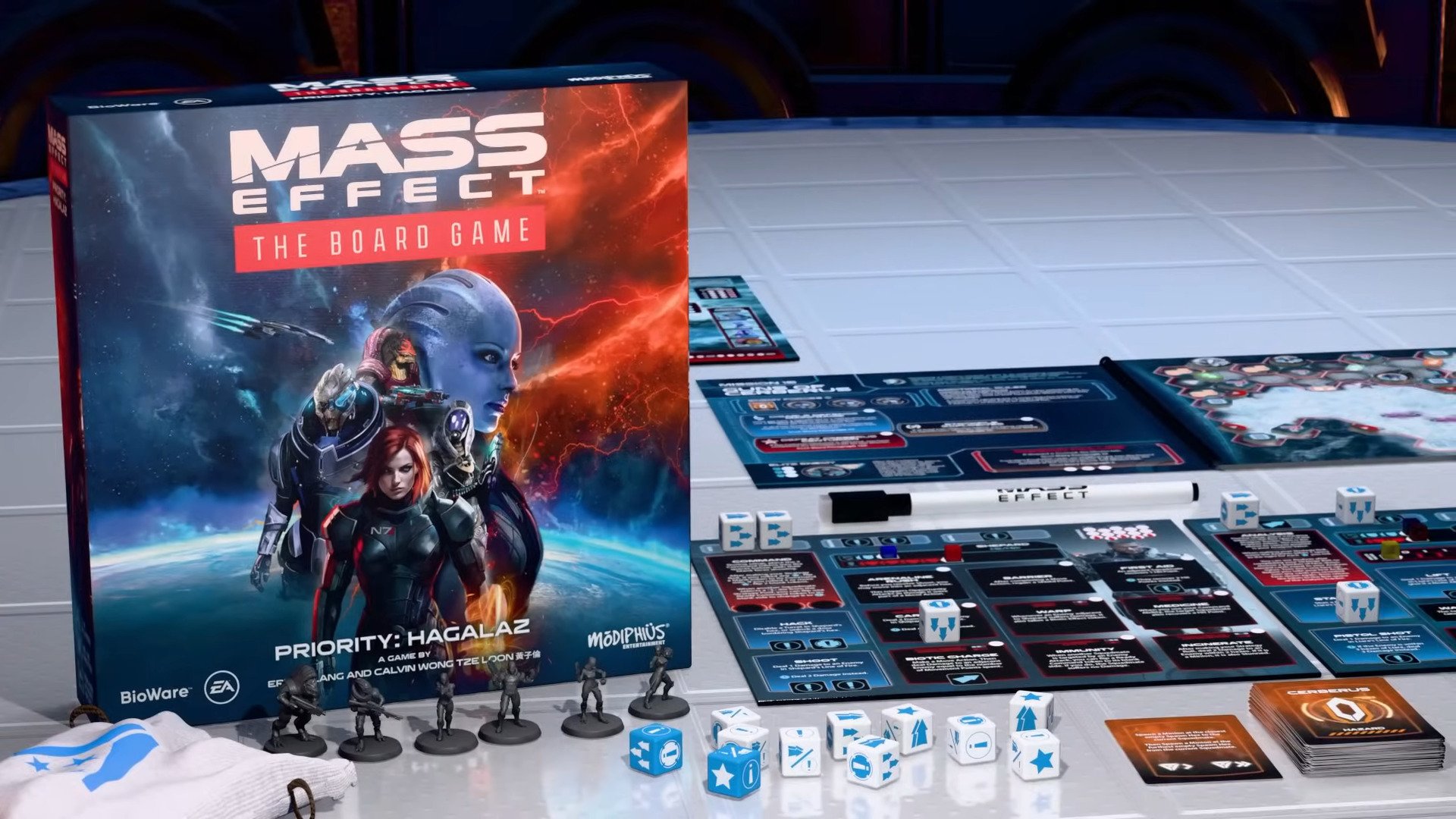 The full contents of a standard Mass Effect: The Board Game - Priority Hagalaz set (2024), Modiphius