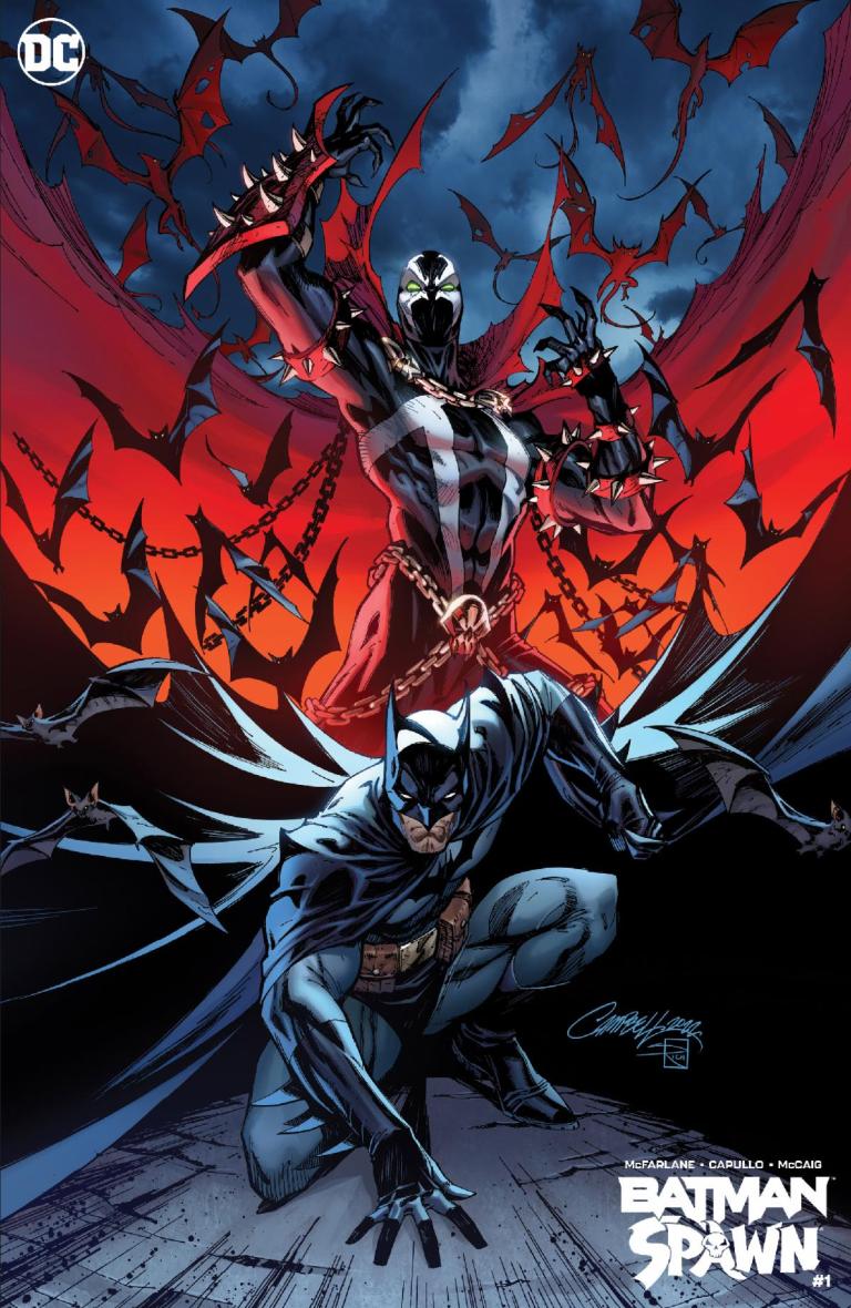 Night falls on J. Scott Campbell's variant cover to Batman and Spider-Man Vol 1 #1 "New Age Dawning" (1997), Marvel Comics/DC.