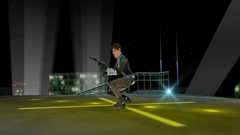 Joanna Dark (Eveline Fischer) touching down on Lucerne Tower. Perfect Dark (2000), Rare Ltd