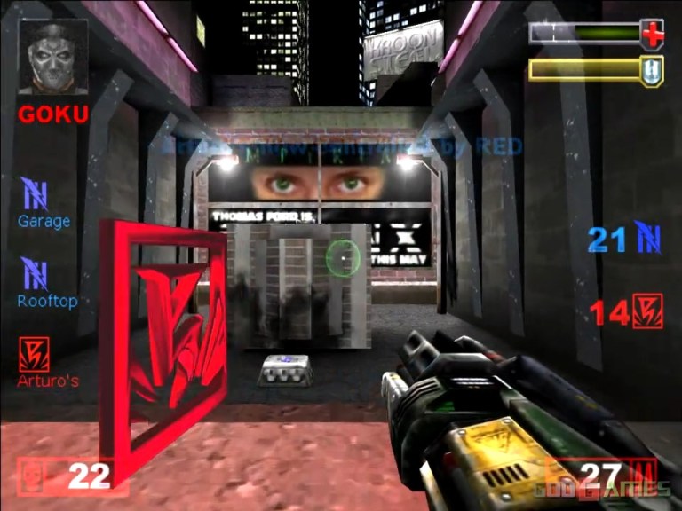 Player patrolling the streets of "Condemned" during a domination match. Unreal Tournament (2000), GT Interactive, Infogrames.