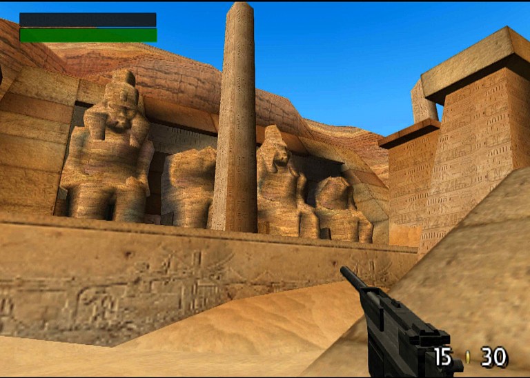 Player admiring massive obelisk outside of the tomb in "Tomb" campaign mission. TimeSplitters (2000), Eidos Interactive.