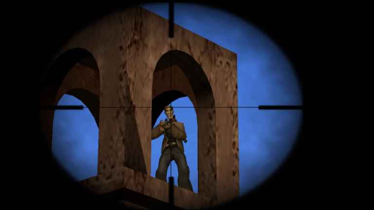 The player zooming in on a bounties' head in TimeSplitters 2 (2002), Eidos Interactive.