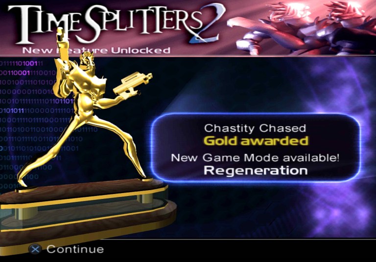 Reward screen for getting a gold score on a challenge in TimeSplitters 2 (2002), Eidos Interactive. 