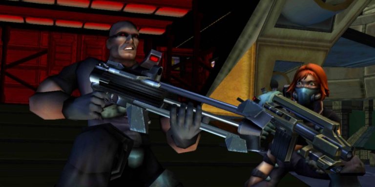 Sargent Cortez (Tom Clarke-Hill) and Corporal Heart (Risa Hall) beginning their assault on the Time Splitter infested space station in TimeSplitters 2 (2002), Eidos Interactive.