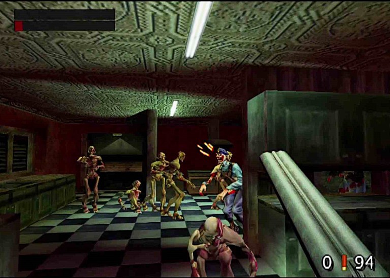 Player shooting through a horde of zombies in "Mansion" campaign mission. TimeSplitters (2000), Eidos Interactive.