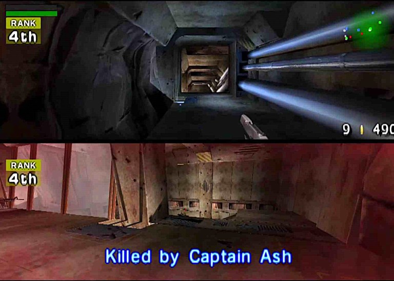 Split screen team deathmatch in "Cyberden". TimeSplitters (2000), Eidos Interactive