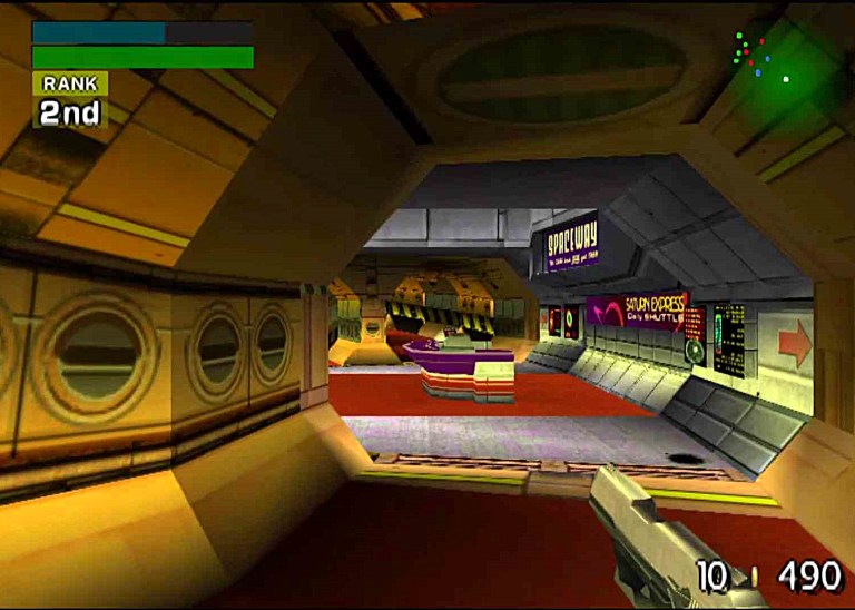 Free for all deathmatch in "Spaceways". TimeSplitters (2000), Eidos Interactive.