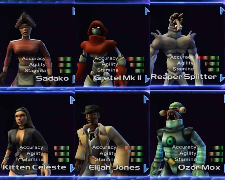 In order from top right to bottom left Sadako, Gretel Mk II, Reaper Splitter, Kitten Celeste, Elijah Jones, and Ozor Mox in TimeSplitters 2 (2002), Eidos Interactive.