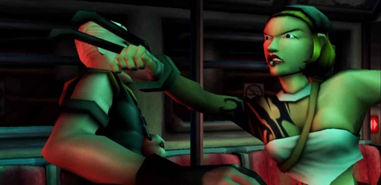 Ghost dodging Krayola's attacks aboard a NeoTokyo bullet train in TimeSplitters 2 (2002), Eidos Interactive.