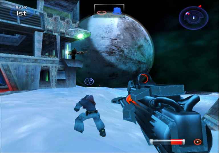 Gunning down baddies during a game of capture the bag on "Ice Station" in TimeSplitters 2 (2002). Eidos Interactive. 