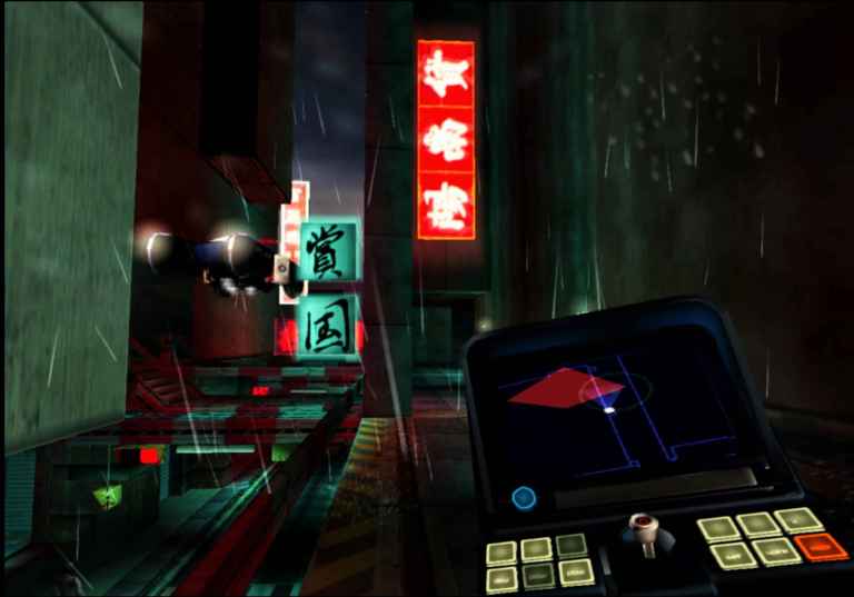 The player as Ghost making use of their Temporal Uplink on the streets of NeoTokyo in TimeSplitters 2 (2002), Eidos Interactive.