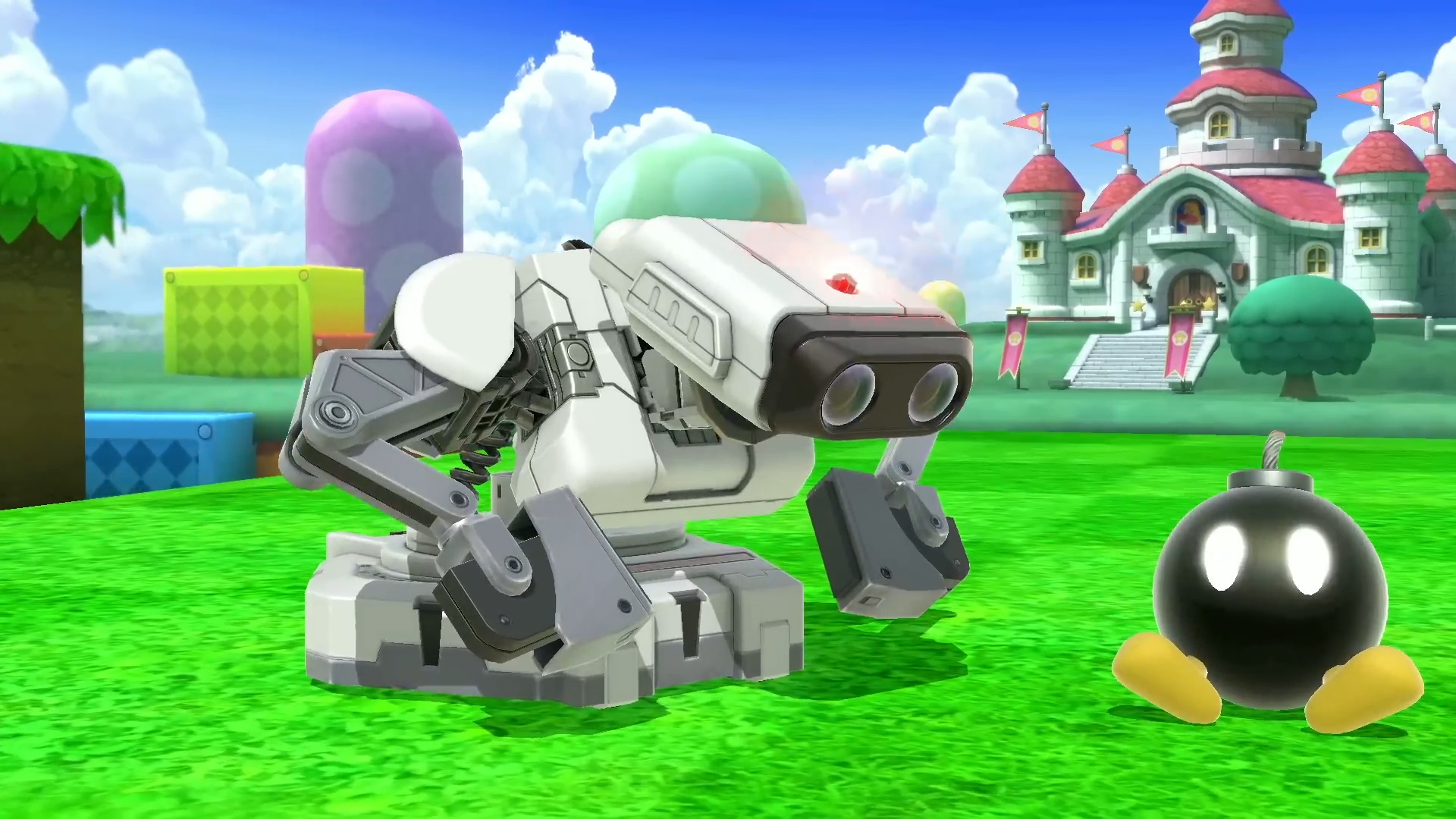 R.O.B. The Robot Eyeballing a bob-omb in Super Smash Bros Ultimate (2018), Nintendo