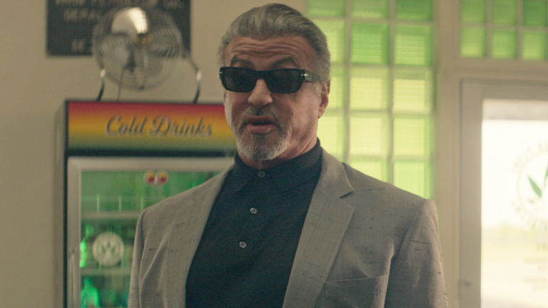 Dwight “The General” Manfredi (Sylvester Stallone) makes a pit stop at the Higher Plane dispensary in Tulsa King Season 1 Episode 1 "Go West, Old Man" (2022), Paramount