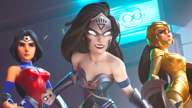 Three different versions of Wonder Woman (Abby Trott) rise to the challenge in MultiVersus (2022), Warner Bros. Games.