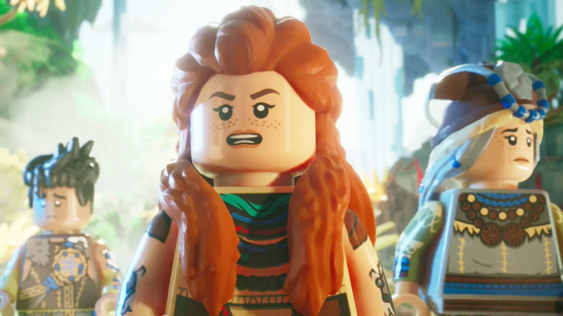 Aloy (Ashly Burch), Varl (John Macmillan) and Teersa (Blaire Chandler) prepare to explore some ruins in LEGO Horizon Adventures (2024), Guerilla Games