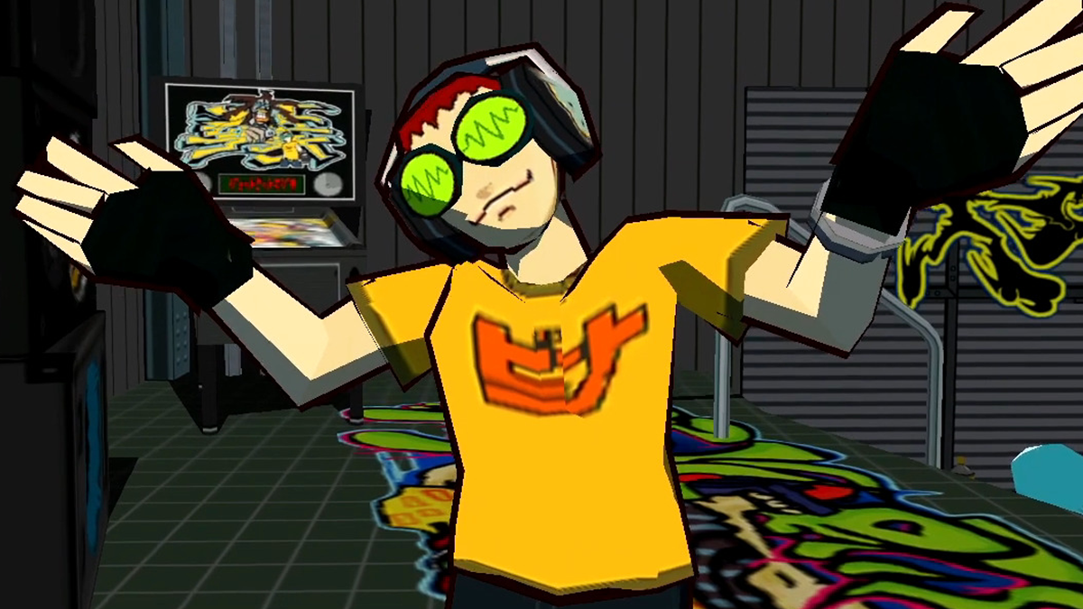 Beat is shocked to discover that Pots has been dog-napped in Jet Set Radio (2000), SEGA