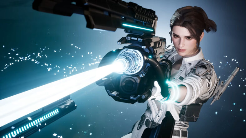 Hailey (Alexandra Guelff) unleashes her anti-matter rifle in The First Descendant (2024), Nexon